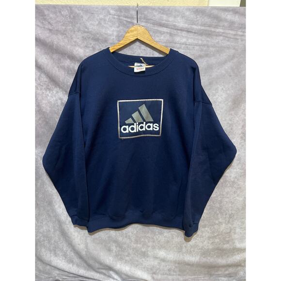 VINTAGE 90s Adidas Box Logo Crewneck Navy Sweatshirt size M - Picture 1 of 4